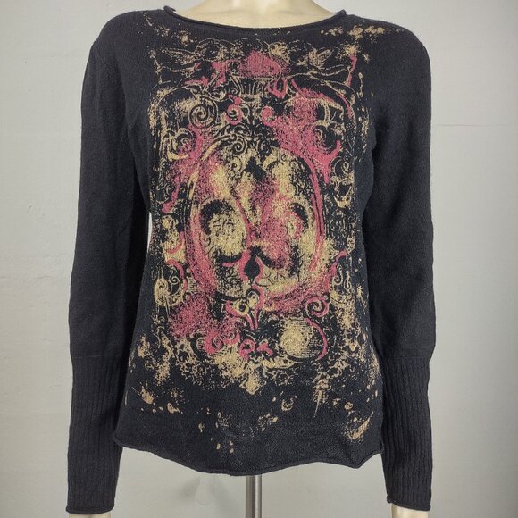 RXB black red tan Fleur De Lis round neck 100% Cashmere sweater ladies Large - Picture 1 of 7